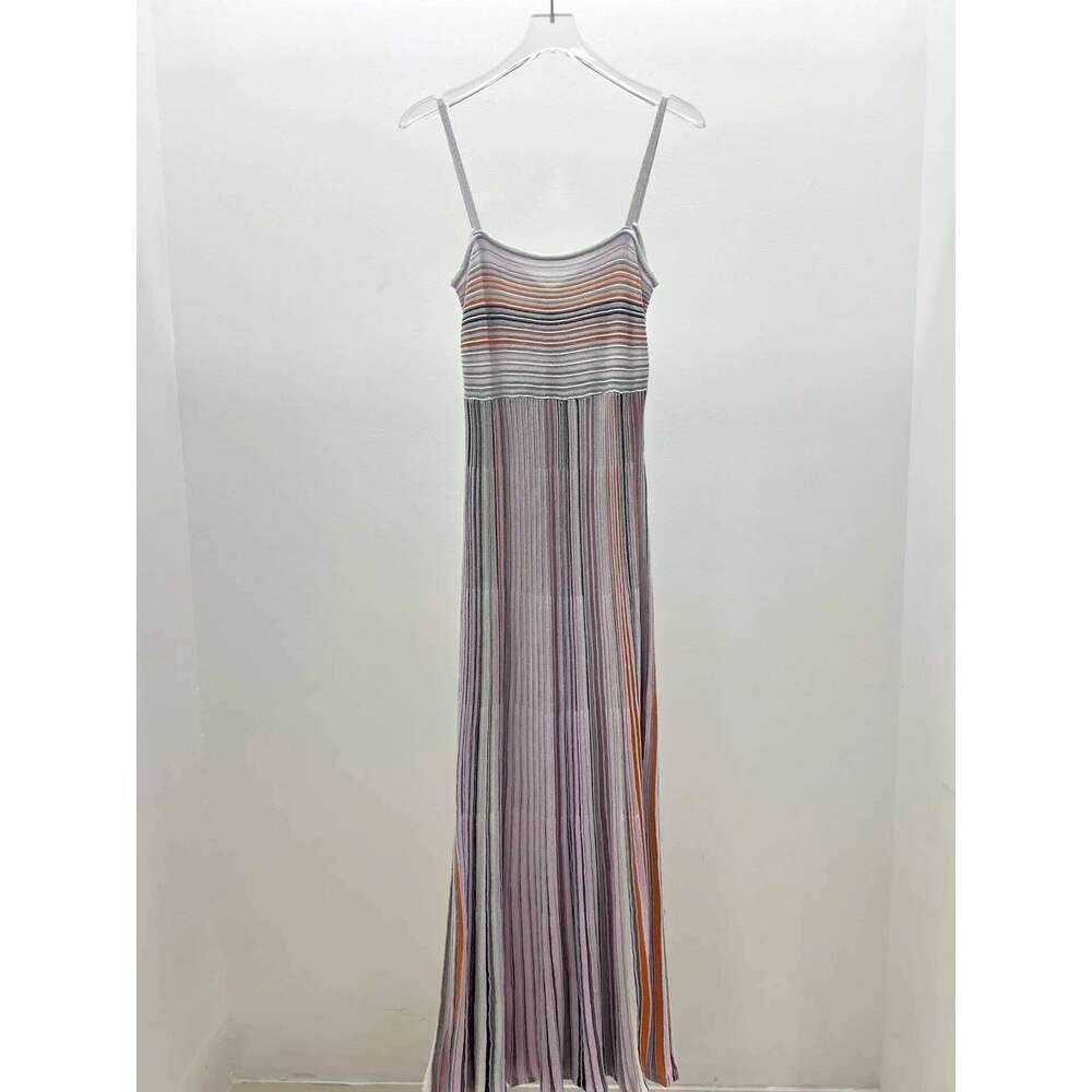 Women Sequined Multicolor Striped Sling Dress V-Neck High Waist Sleeveless Vintage Slim Knitted Long Dress