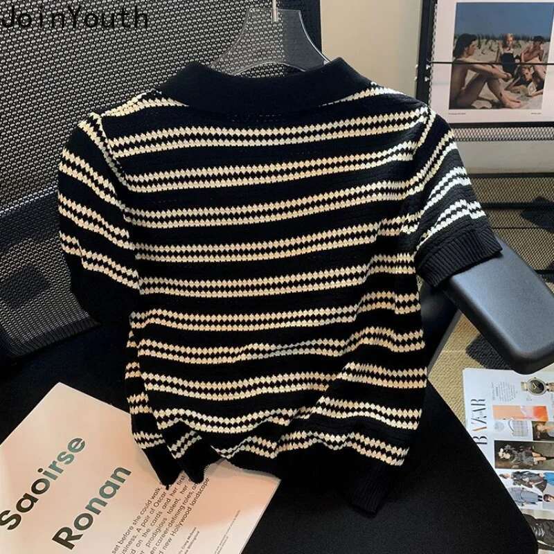 Summer Woman Tshirts 2025 Shirts for Women Fashion Striped Casual Tees Korean Knitted T Shirts Short Sleeve Crop Tops Ropa Mujer