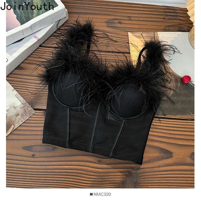 Women Clothing Sexy Vest Patchwork Gauze Furry Temperament Camisetas Y2k Tops Fashion Tunic Korean Summer Tanks Ropa Mujer 2025