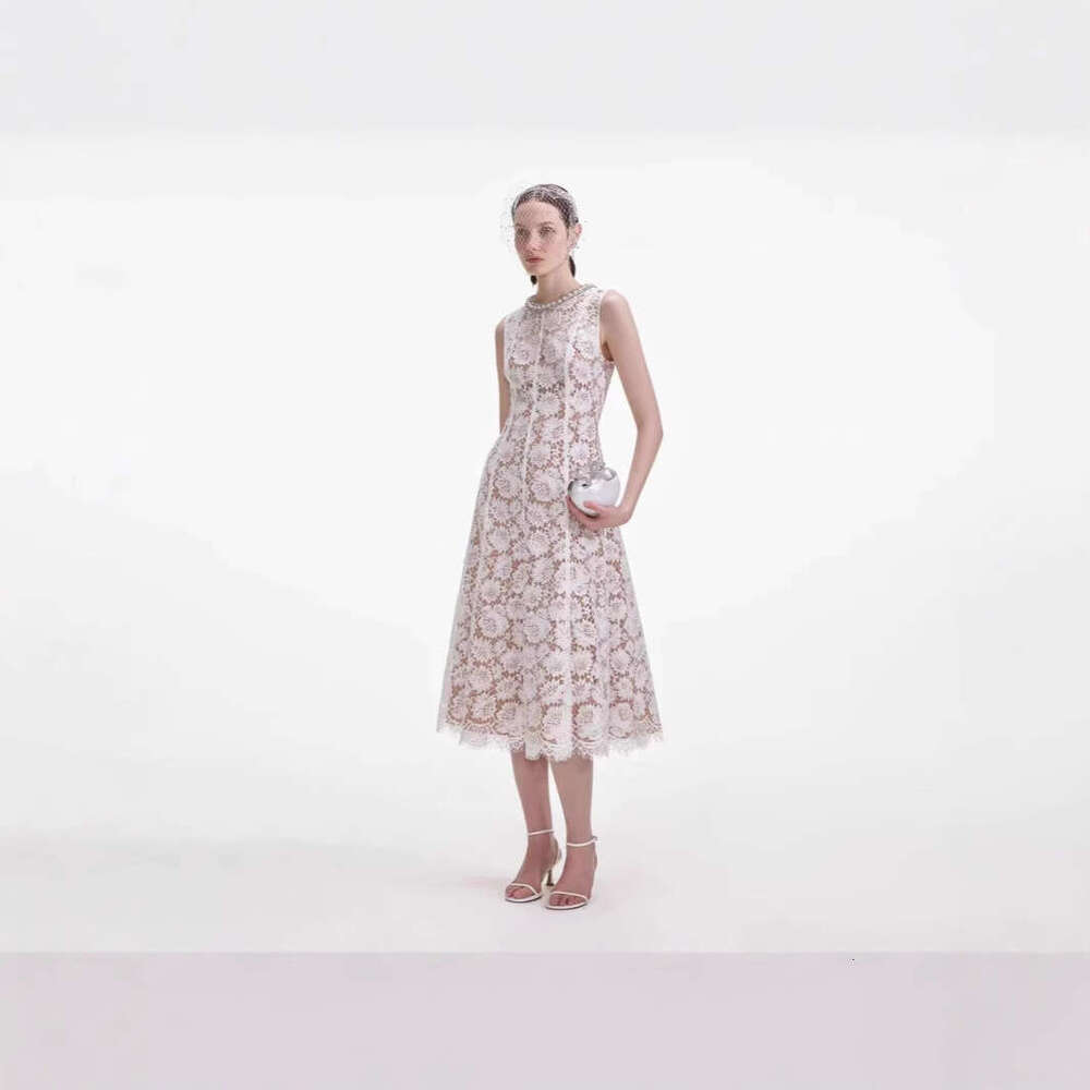 White Skirt Maxi Skirt New Design Sense Beaded Elegant Lace Round Neck Sleeveless High Waist Long Dress Long Skirt