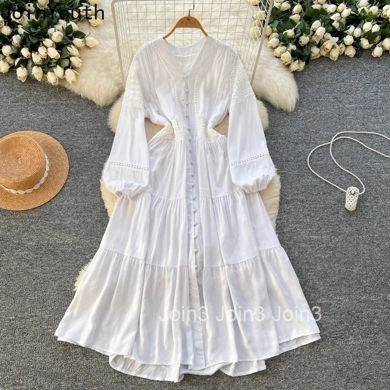 Vintage Dresses Women Clothing V-neck Lantern Sleeve Slim Waist Robe Femme Single Breasted Hollow Out Maxi Dress Vestido Femme