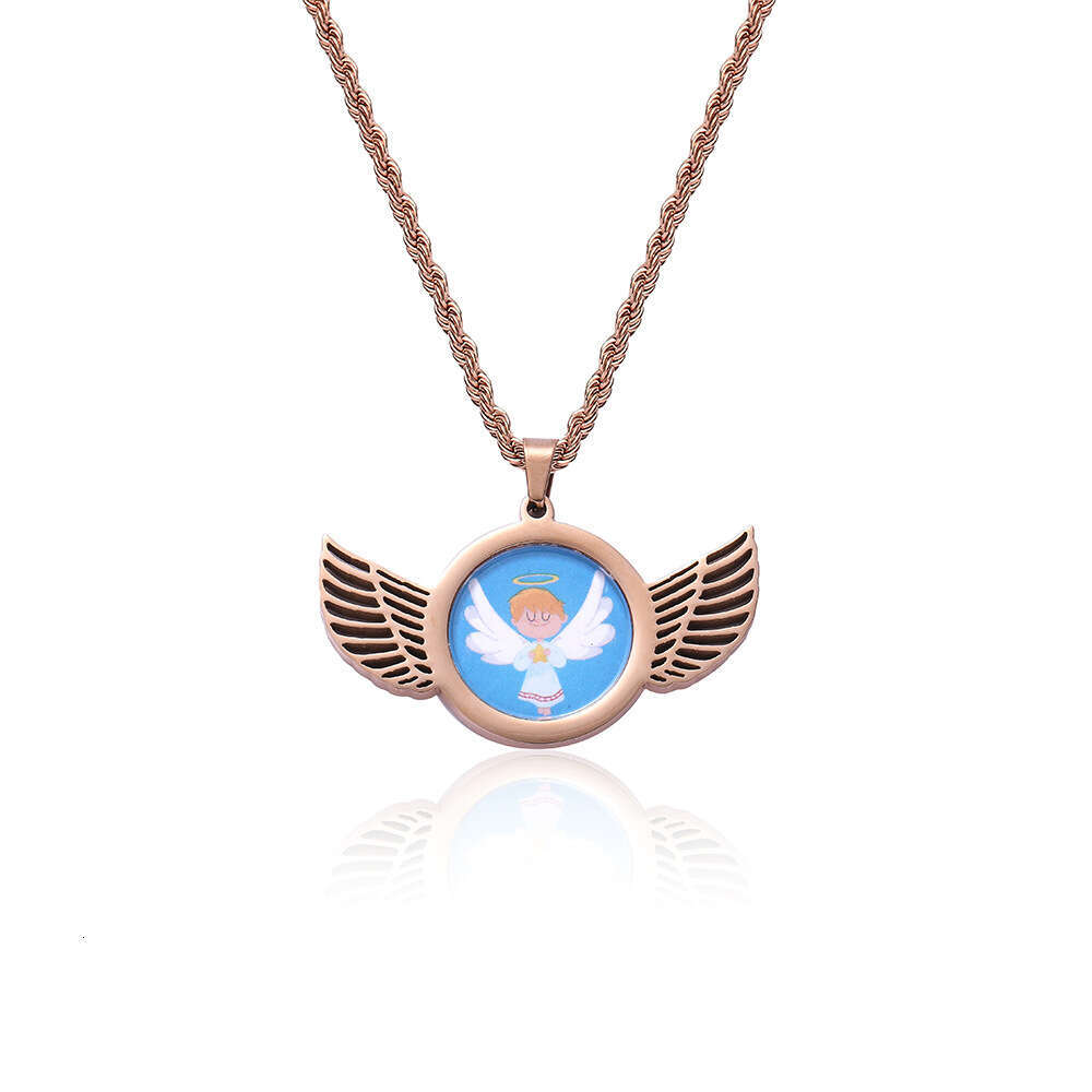 Hip Hop Stainless Steel Photo Pendant DIY Creative Wings Round Frame Men's Necklace Jewelry e310