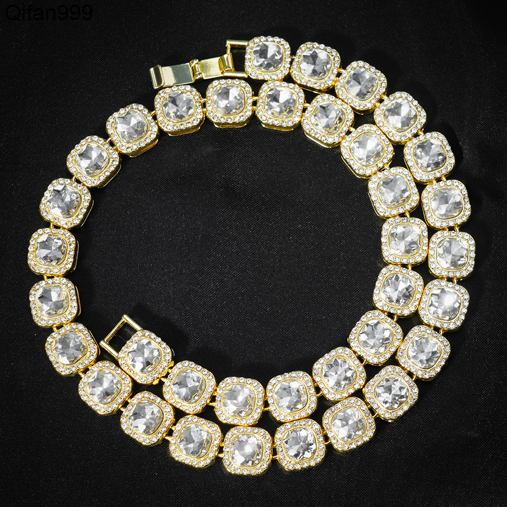 Mens Hip Hop Cuban Chain Set Fashionable Gold Silver Square Diamond Tennis Necklace Link Chain Made of Zinc Alloy