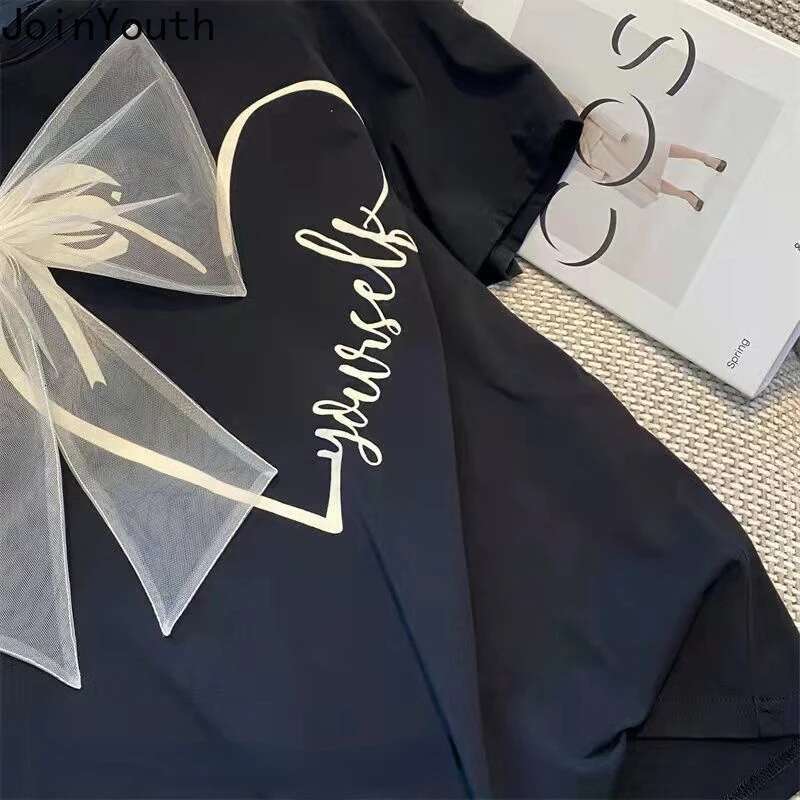 White Tshirts for Women Summer Camisetas Short Sleeve O-neck Sweet Bow Tees Y2k Tops Fashion Casual T Shirts 2025 Ropa Mujer