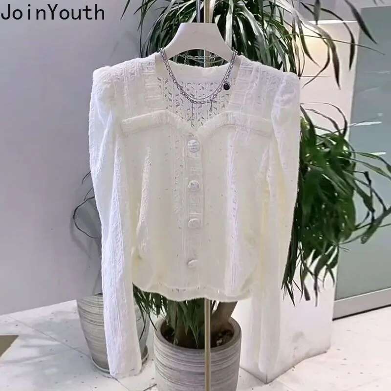 Solid Color Square Collar Tunic Blouses Women Clothing Lace Puff Sleeve Crop Tops 2025 Camisas De Mujer Hollow Out Shirt Blouse