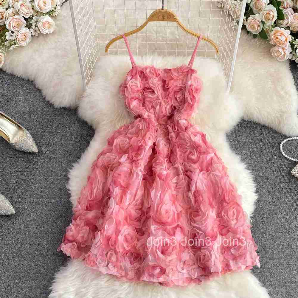 Sweet Dress for Women Temperament Sexy Sling Robe Femme 2025 Vestidos De Mujer Slim Waist 3D Floral A-line Summer Dresses 27v839