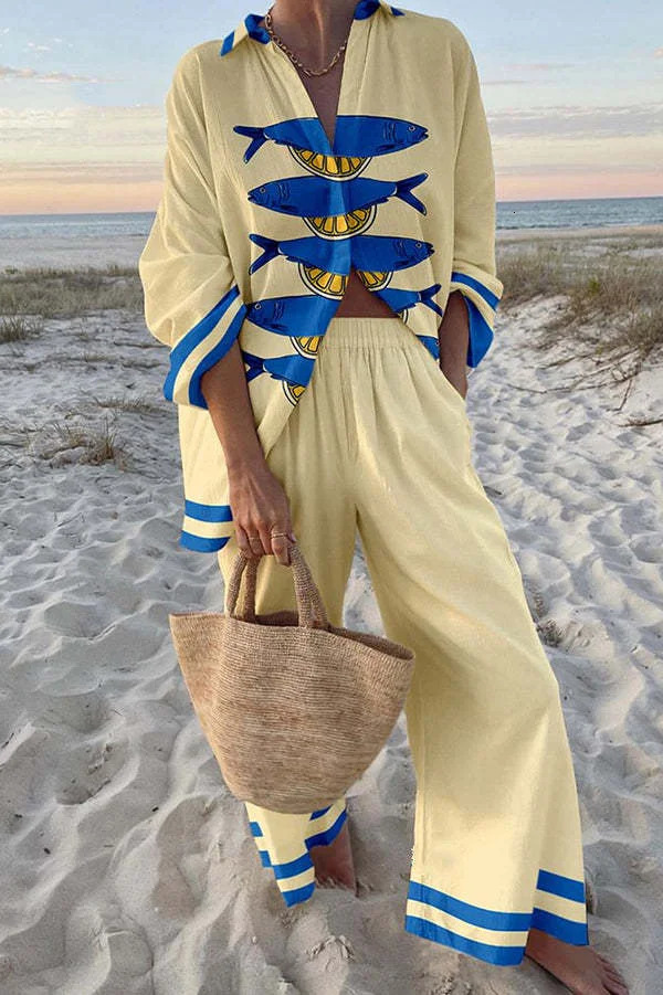 Summer Printed Long Sleeve Shirt Wide Leg Pants 2Piece Outfits Female Beach Holiday Sets 2025 Fashion Women Two Piece Set 250617