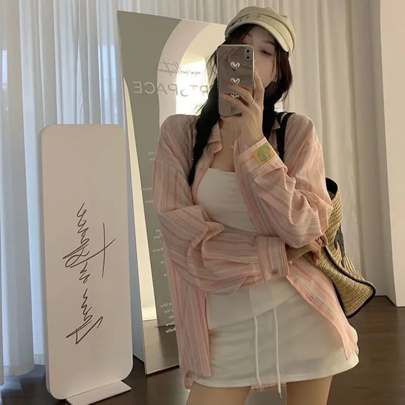 Pink Striped Shirt Women Korean Style Loose Long Sleeved Button Up Blouse Ladies Autumn Wild Streetwear Casual Shirts 250616