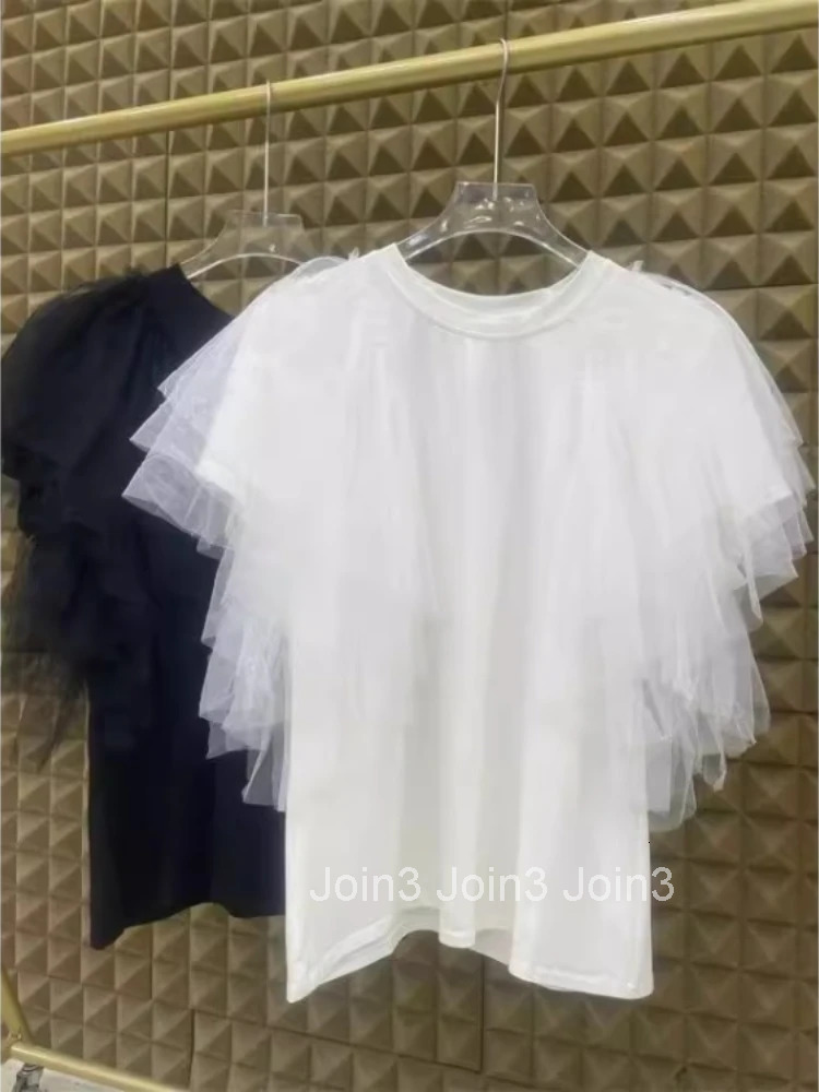 Women Clothes Summer T Shirts Patchwork Gauze Camisetas O-neck Short Sleeve White Camisetas Y2k Tops Sweet Tshirts Ropa Mujer