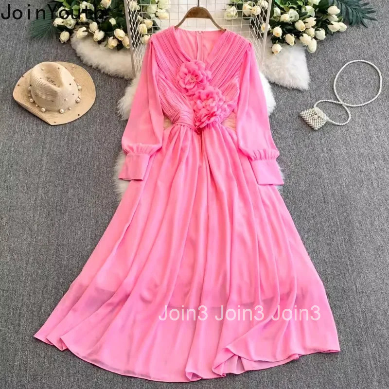 Maxi Woman Dress Slim Waist Temperament Robe Femme 2025 Vestidos De Mujer V-neck Long Sleeve 3D Floral Summer Vintage Dresses