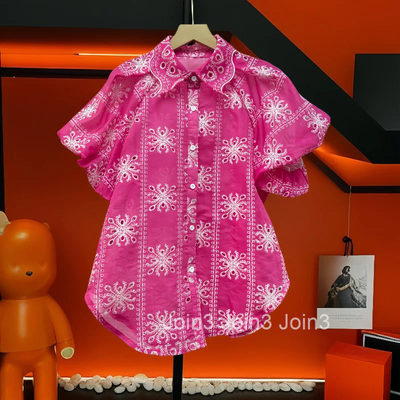 Summer Blouse 2025 Women Clothing Puff Sleeve Vintage Solid Color Shirts Camisas De Mujer Hollow Out Embroidery Blouses Tops