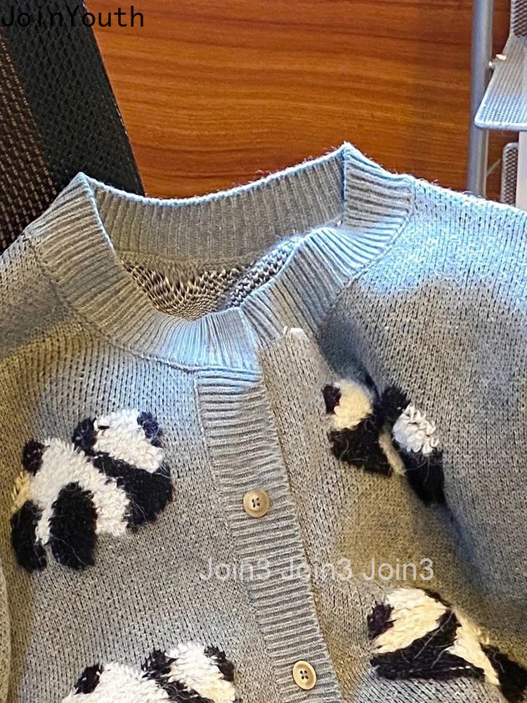Knitted Sweater Coat Womens Clothing Sueter Mujer Long Sleeve O-neck Panda Cartoon Sweet Cardigan Tops Pull Femme Preppy Style