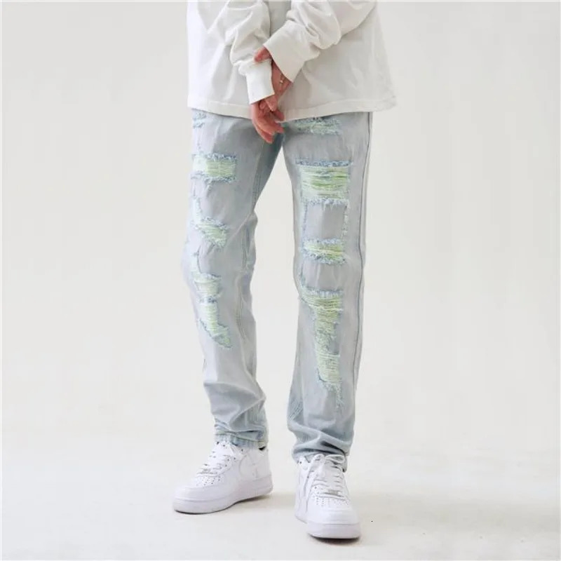Distressed Trendy Street Ripped Light Blue Jeans Men Slim Fit Hip-hop Korean Style Pants Casual Summer Washed Denim Jeans 250617