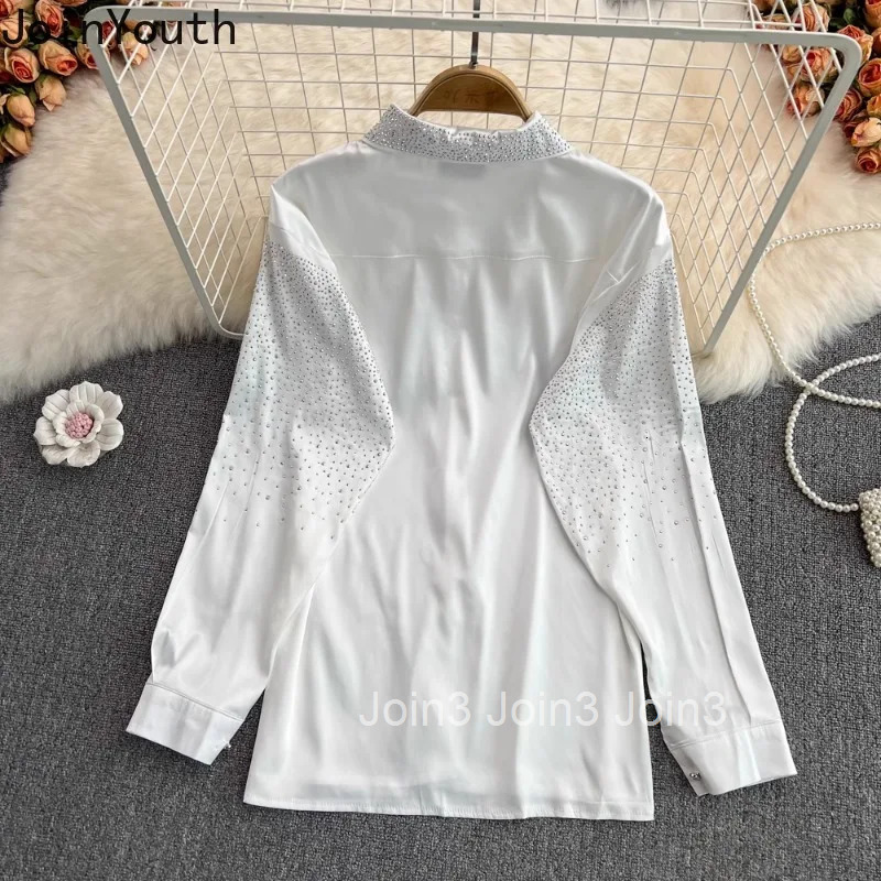 Camisas De Mujer White Blouses for Women Fashion Diamond Single Breasted Loose Tops Vintage Korean Temperament Blouse Shirts