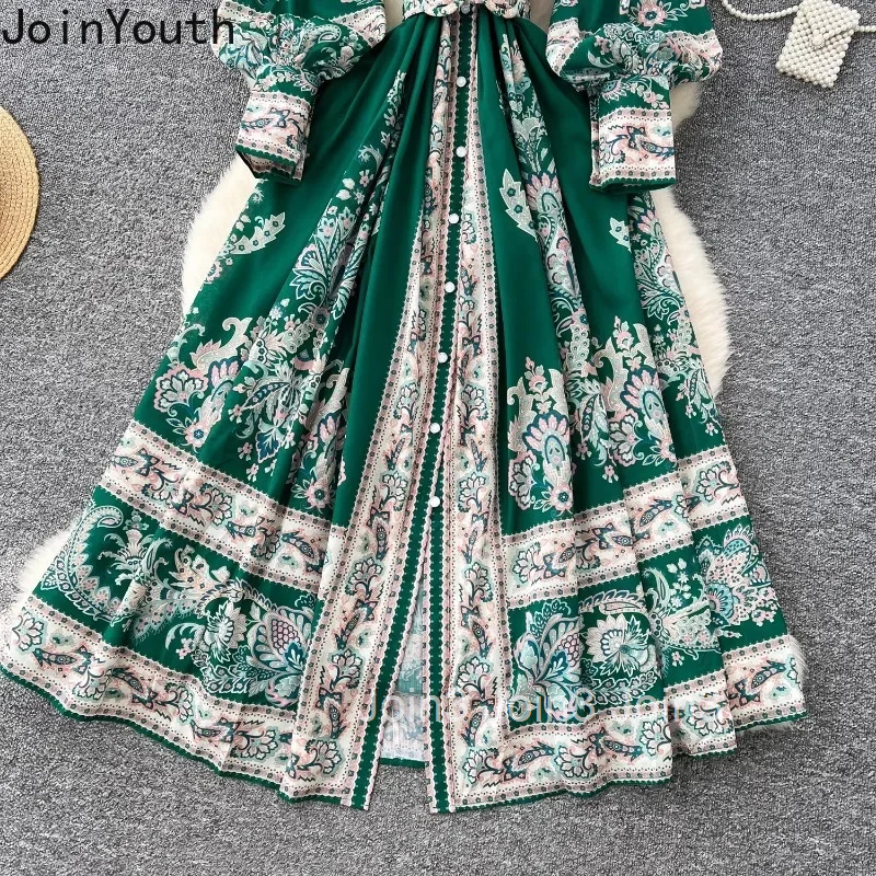 Summer Woman Dress Stand Neck Slim Waist Single Breasted Robe Femme Lantern Sleeve Vintage Floral Maxi Dresses Vestido Femme