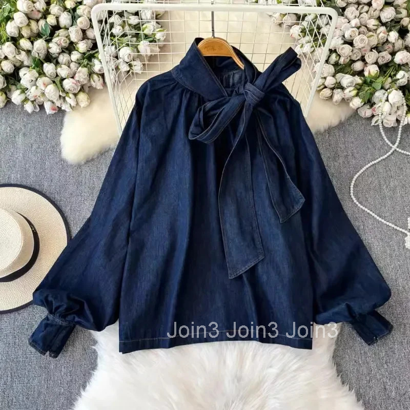 2025 Camisas De Mujer Denim Blouse Womens Clothing Temperament Lady Tops Bandage Bow Loose Fashion Casual Shirts Blouses 63b445
