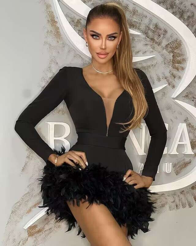 White Skirt Maxi Skirt Feather Mini Evening Gown Bandage French Deep V Splicing Rhinestone Long Sleeve Short Dress Long Skirt