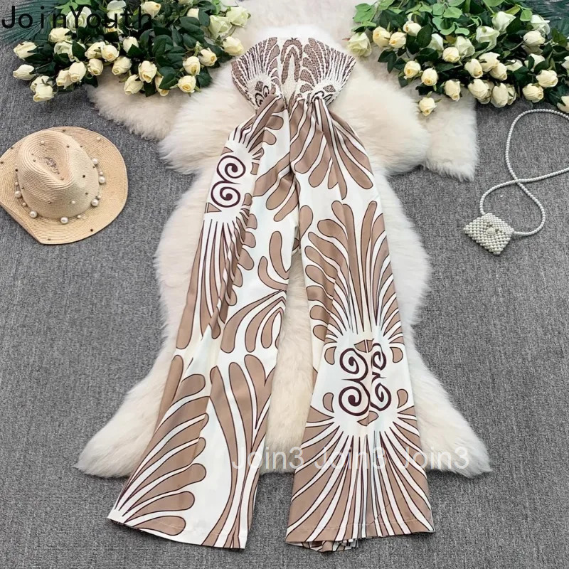 Sexy Jumpsuit Slash Neck Strapless Jump Suit for Women Floral Folds Slim Waist Rompers Fashion Summer Wide Leg Pants Palysuit