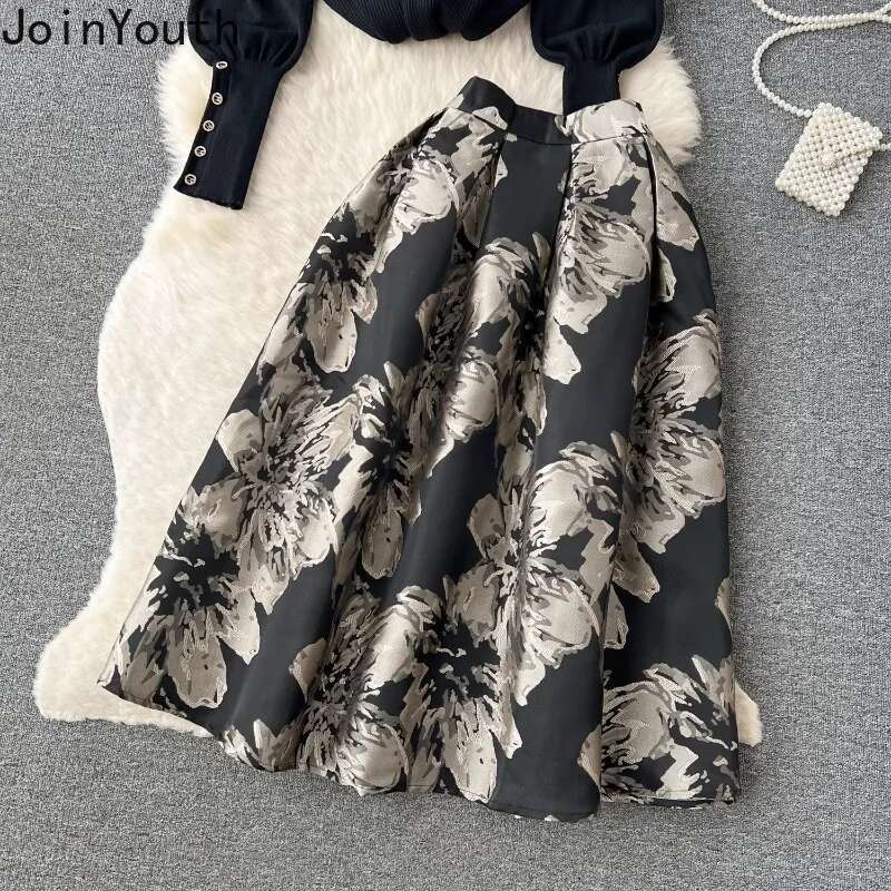 2 Piece Skirt Set Womens Clothing Half High Collar Knitted Pullovers High Waist Big Swing Skirts Outfits Vintage Korean Suit