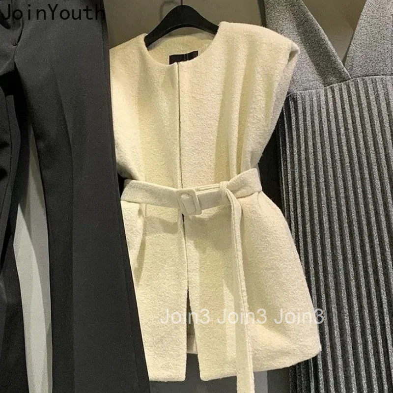Korean Vest for Women 2025 Roopa Mujer Vintage Sleeveless Loose Tanks O-neck Sleeveless Tunic Bandage Solid Color Cropped Tops