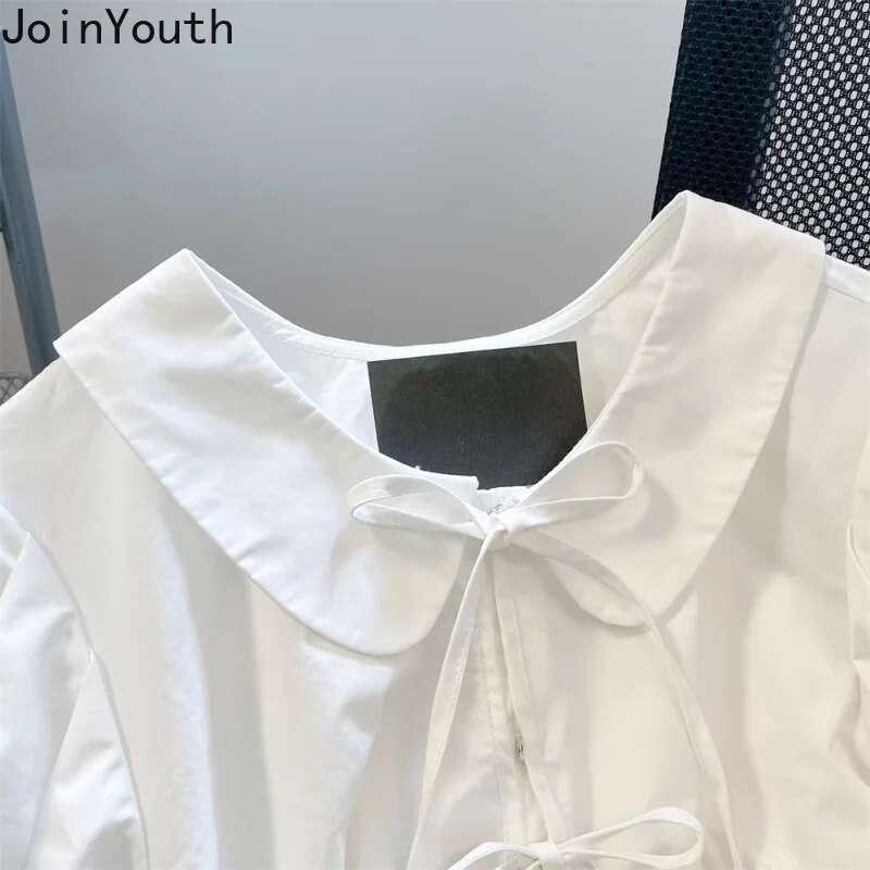 Sweet Blouse Women Bandage Turndown Collar Puff Sleeve White Shirts 2025 Blusas Mujer De Moda Summer Fashion Cute Korean Tops