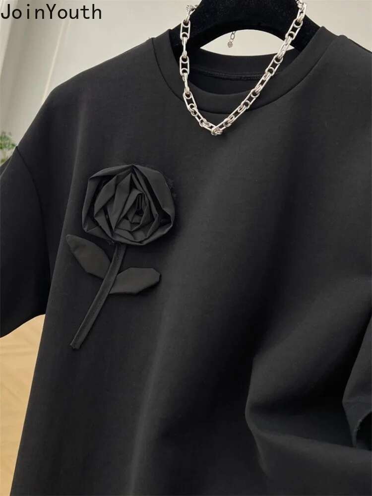 Women Clothing 3D Floral Cotton Tshirts Chic Summer Tees 2025 Ropa Mujer Short Sleeve O-neck T2k Tops Streetwear White T-shirt