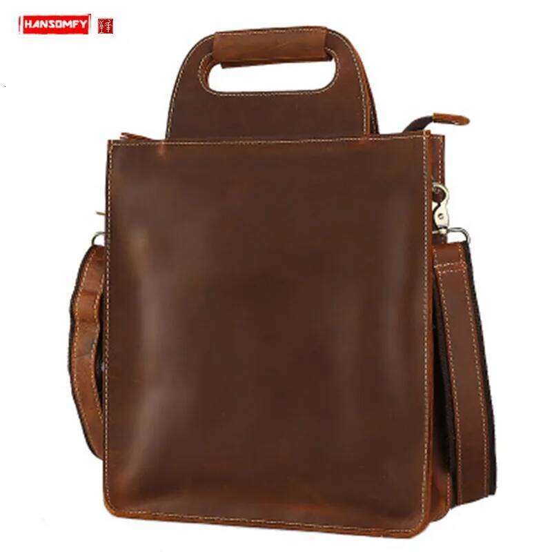 New Men's Handbag Genuine Men Shoulder Crossbody Bag 13" Laptop Bags Vertical Square Retro Handmade First Layer Leather