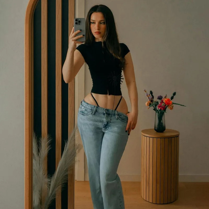 Flower Decoration Tassel Crop Tops Women 2025 Summer Mesh Sheer Single-Breasted Half-High Neck Skinny T-Shirt Streetwear 250619