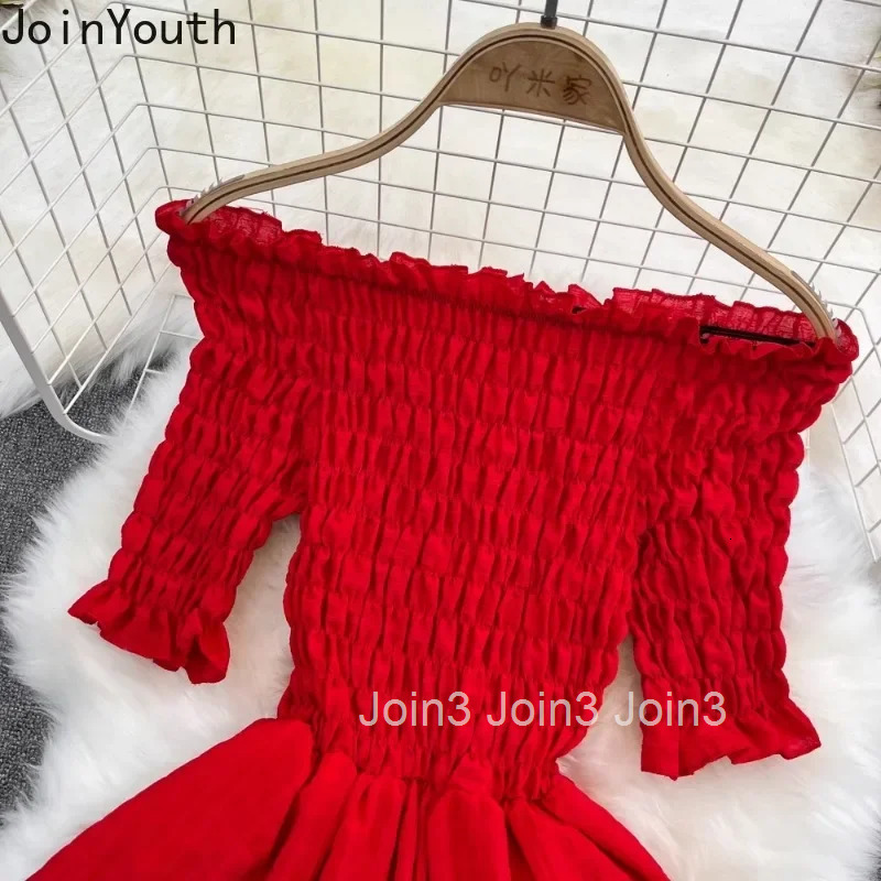 Summer Woman Dress Short Sleeve Slash Neck Folds Robe Femme Vestidos De Mujer Slim Waist Off Shoulder Fashion Sweet Maxi Dresses