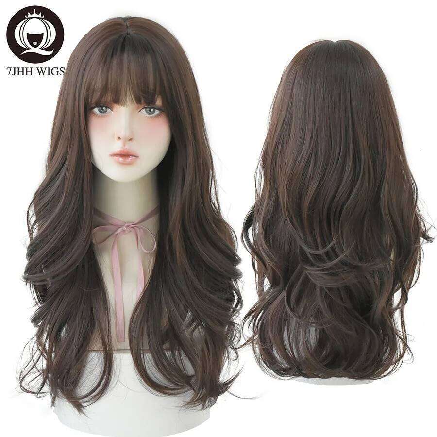 7JHH WIGS Long Fashion Deep Wave Pink Ombre Brown For Women Synthetic Loose Hair Wigs With Bangs Heat Resistant Thick Wig