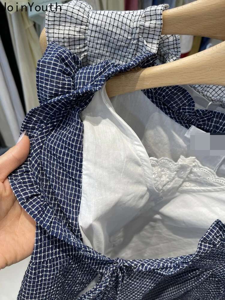 Fake Two Blouses for Women 2025 Blusas Mujer De Moda Contrast Color Plaid Sleeveless Ruffles Shirts Loose Summer Vintage Tops