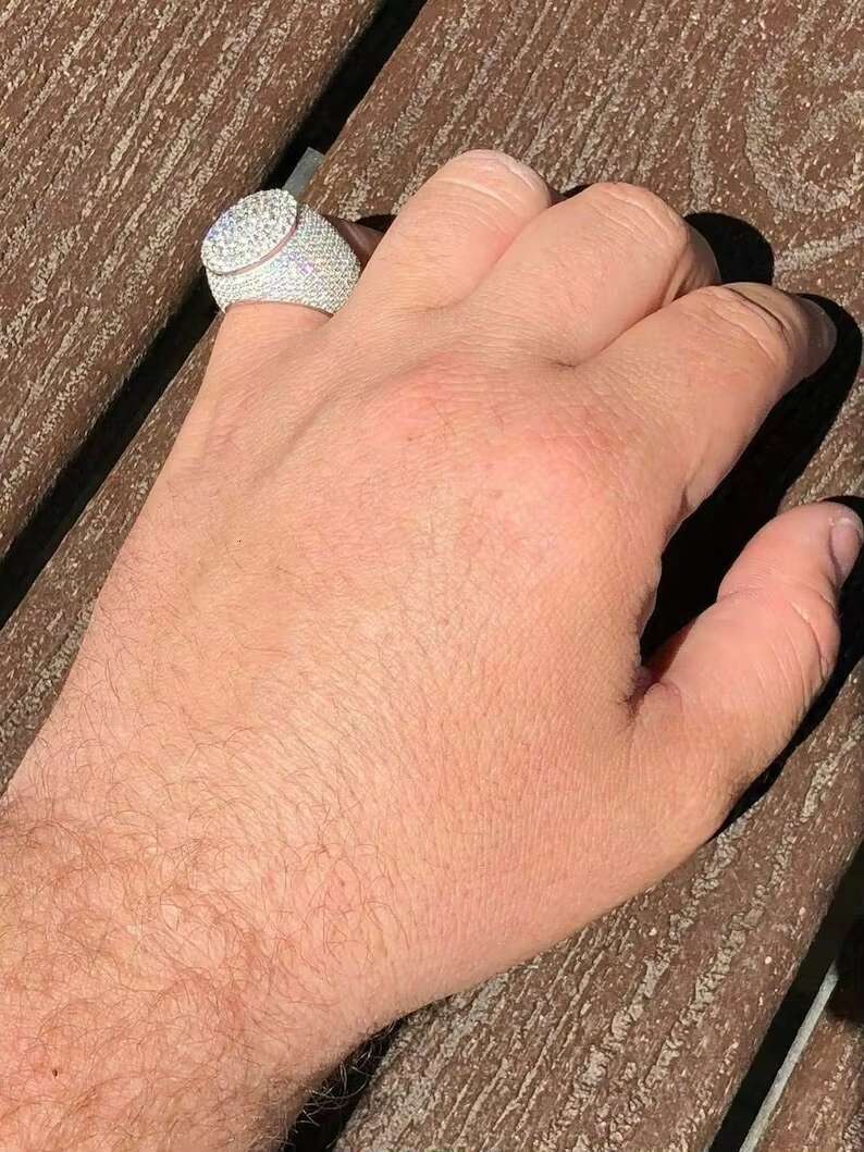 Mens Iced Out Moissanite Round Hip Hop Rapper Pinky Ring Solid 925 Sterling Silver Sizes 7 to 11 PASSES DIAMOND TESTER