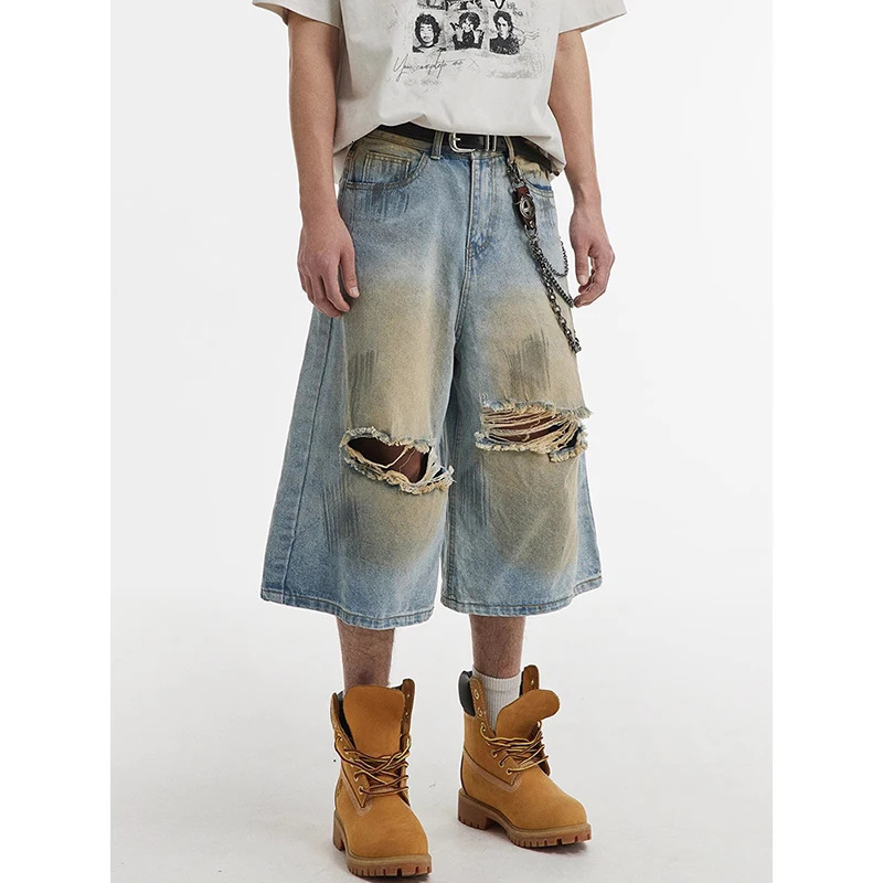 Mens Ripped Denim Shorts Vintage Y2K Knee Length Jean Shorts Streetwear Korean Oversize Cowboy Short Pants 2000s Clothes Summer 250617
