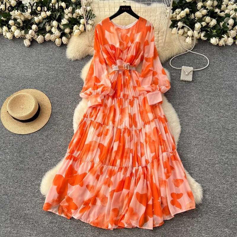 Maxi Dress Women Summer Temperament Floral Robe Femme 2025 Vestidos De Mujer Bandage Slim Waist Floral Big Swing Chiffon Dresses
