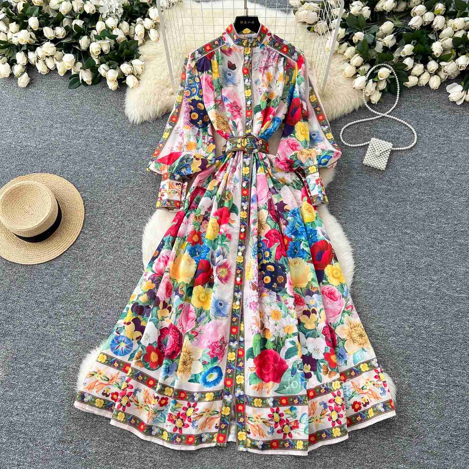 2025 Vestidos De Mujer Maxi Dresses for Women Stand Neck Lantern Sleeve Vintage Robe Femme Single Breasted Floral Summer Dress