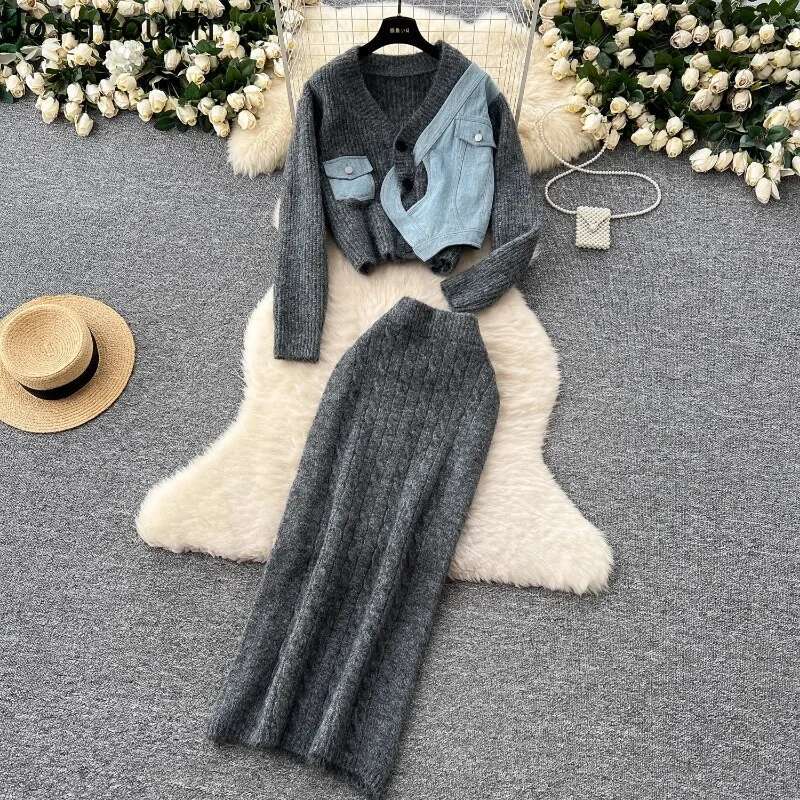 Korean Clothing Knitted Two Piece Sets for Women Patchwork Denim Cardigan Coat High Waist Bodycon Skirt Outfits Chic Casual Suit
