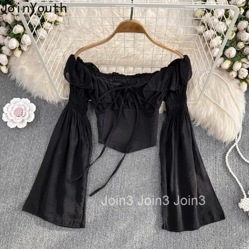 Crop Tops Solid Color Sexy Blouses Womens Clothing 2025 Blusas Mujer De Moda Slash Neck Flare Sleeve Bandage Chic Blouse Shirts