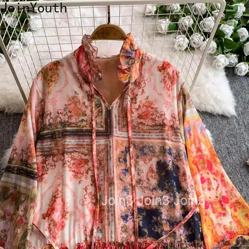 Vintage Maxi Dress Womens Clothing 2025 Vestidos De Mujer Floral Chiffon Slim Waist Robe Femme Fashion Summer Sweet Dresses