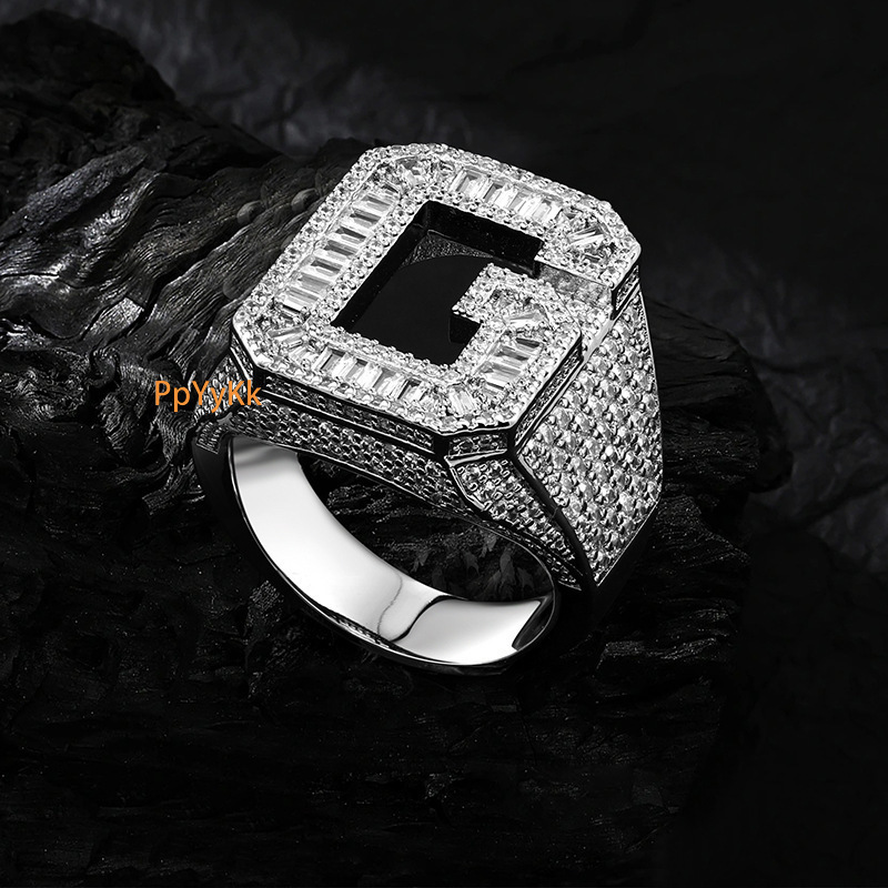 Moissanite rings Men's Full Diamond G-Shaped Letter Couple Hip-hop Bold Trendy Personalized Ring Silver jewelry rings