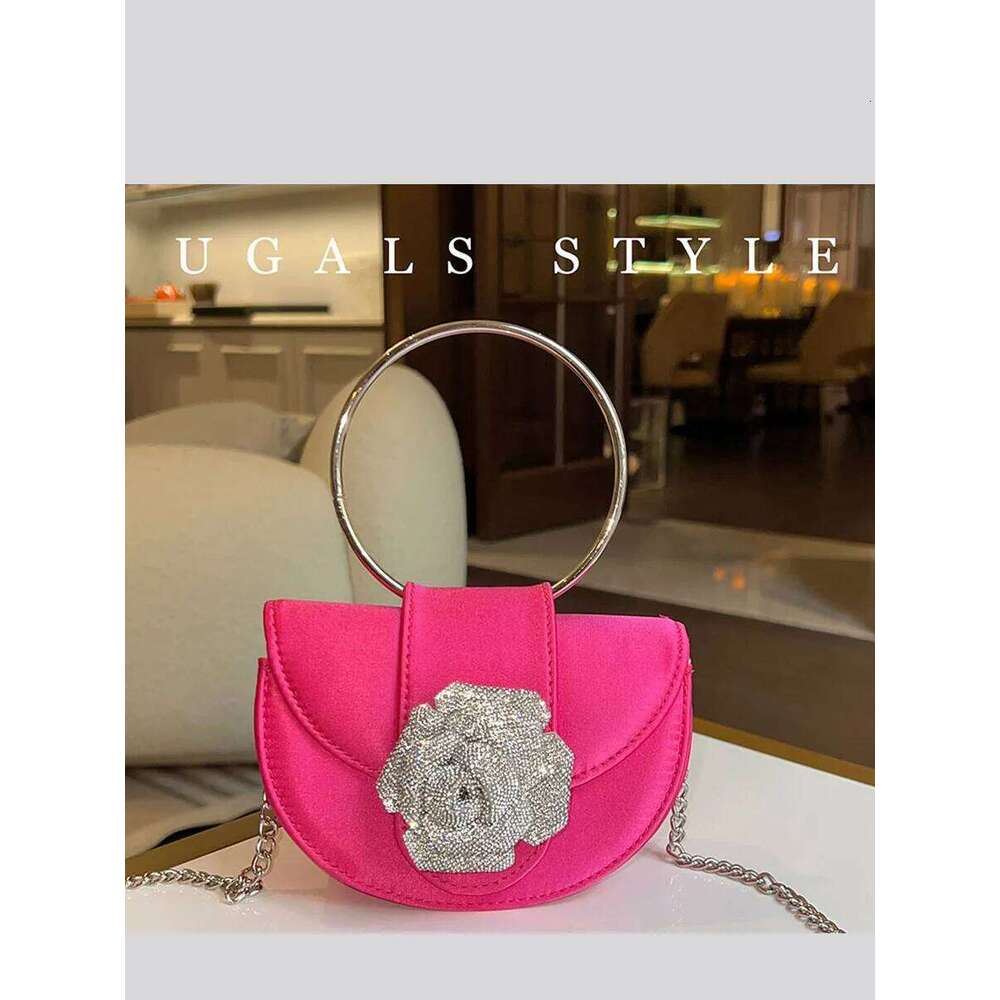Designer Bag Veet Half Round Handbags Women Elegant Boutique Metal Ring Handle Rhinestone Satin Evening Clutch Purses Wedding