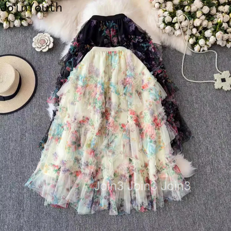 Women Skirt Gauze Floral A-line Korean Jupe 2025 Faldas Mujer De Moda Fashion Sweet Summer Saia High Waist Loose Womens Clothes