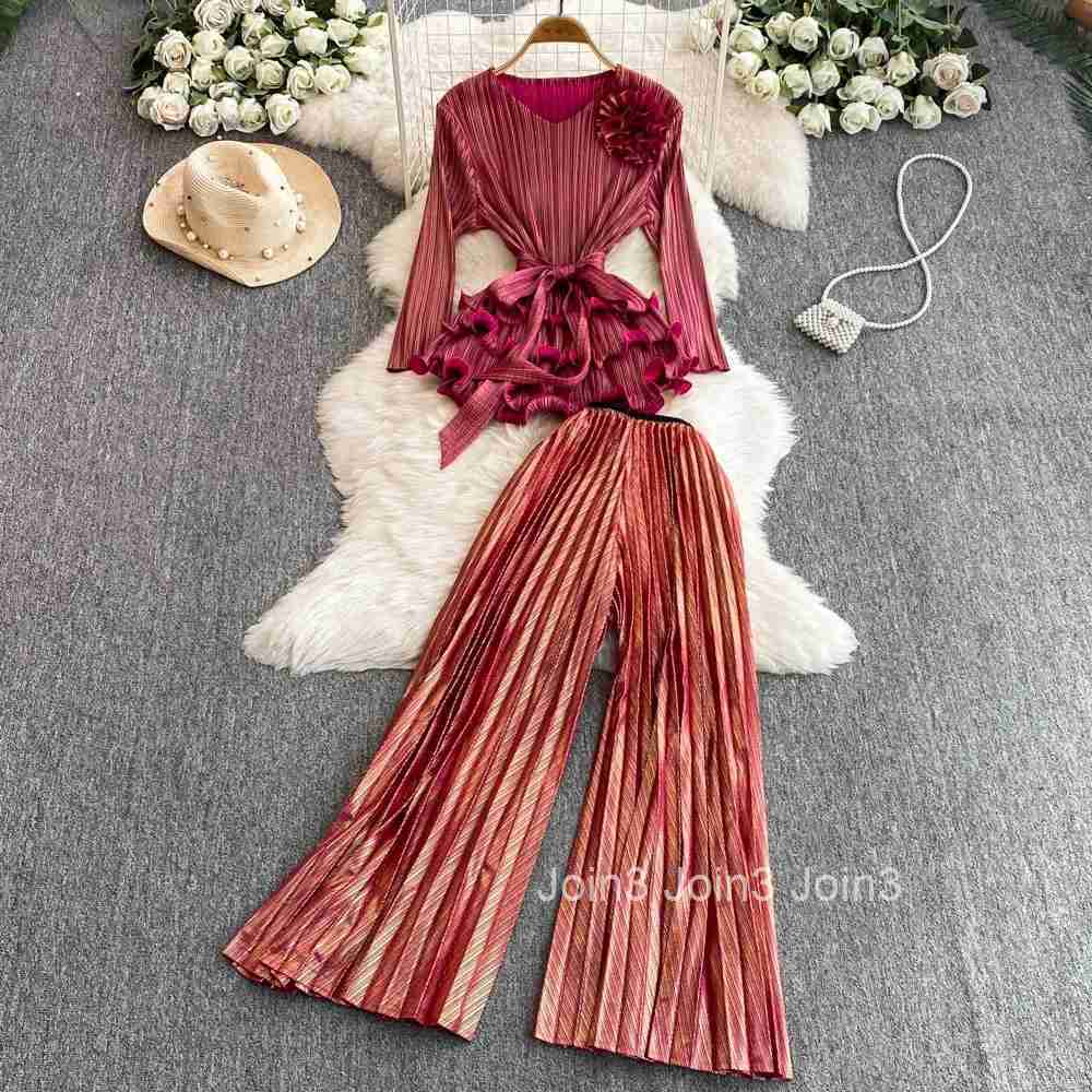 Two Piece Sets Womens Clothing V-neck Ruffles 3D Floral Blouses High Waist Pleated Wide Leg Pants Outfits Fashion Korean Suit