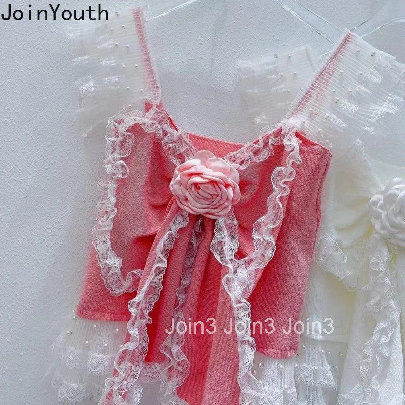 Sweet Knitted Vest Women Crop Tops Flying Sleeve Square Collar 3D Floral Camis Patchwork Lace Beading Ruffles Tanks Ropa Mujer