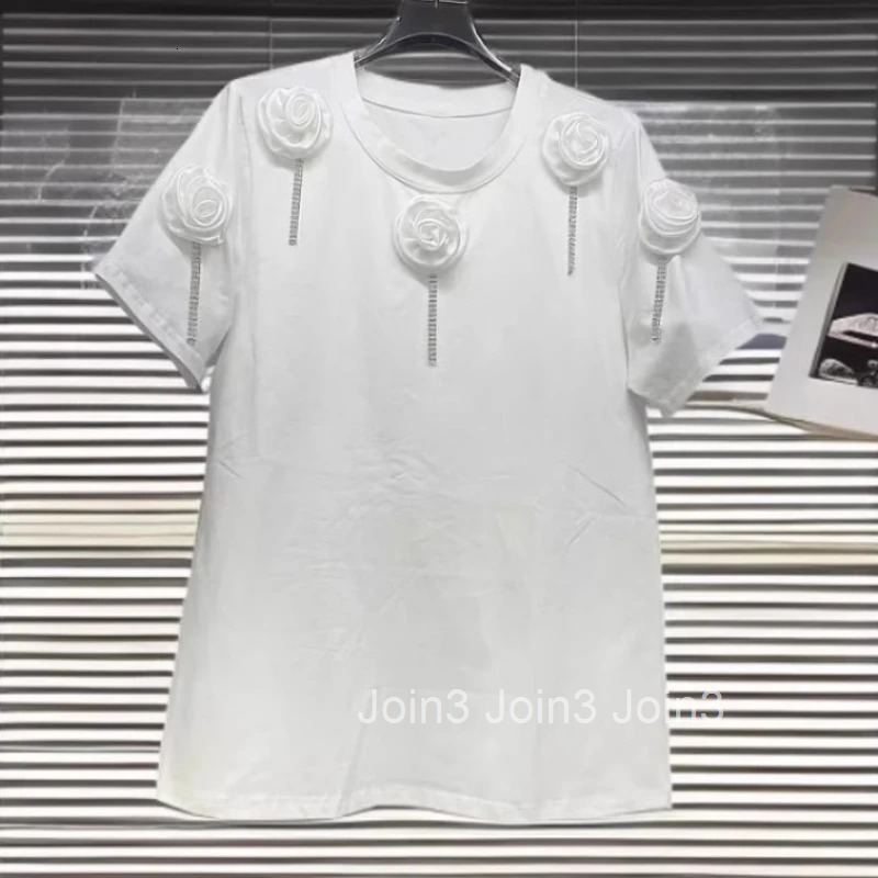 Women Clothing White T Shirt O-neck Short Sleeve O-neck Tees Chic Summer Camisetas 2025 Ropa Mujer 3D Floral Casual T-shirt Tops