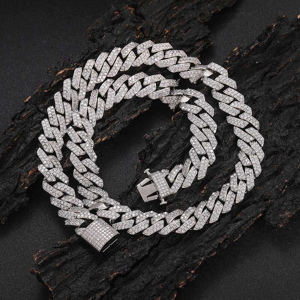 Hip Hop Jewelry 15mm Elastic Buckle Double Row Zircon Dia Cuban Chain Men's Necklace d55f