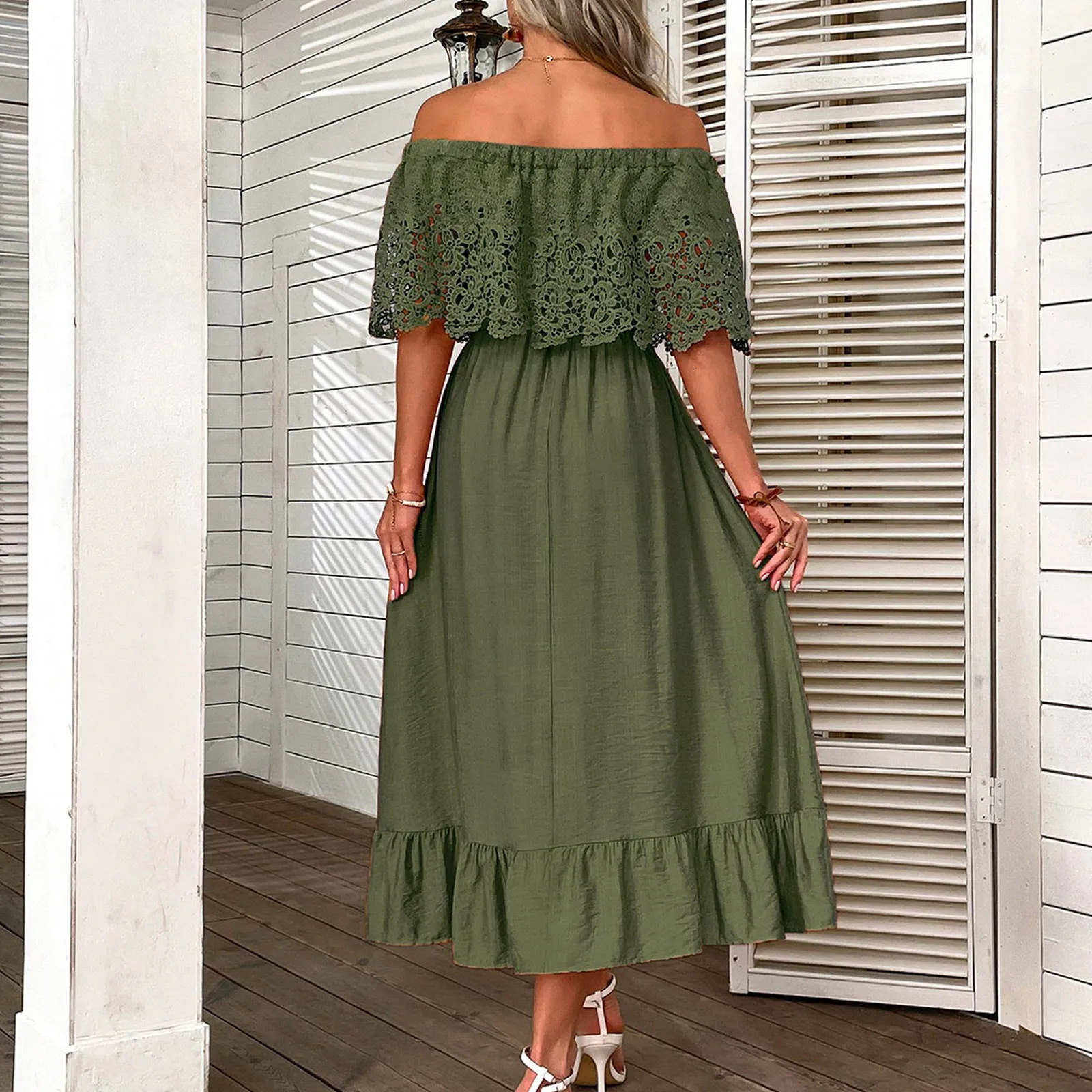 Womens elegant off shoulder long dresses with lace crochet sleeves Maxi ruffle hem summer sasual dress vacation sundresses 250616