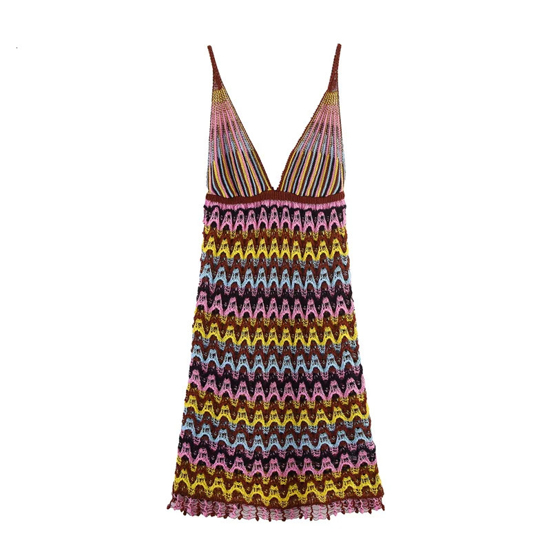 Womens Dresses Summer 2025 Rainbow Knitted Suspender Mini Dress Sexy Deep VNeck n Stylish personality 250616