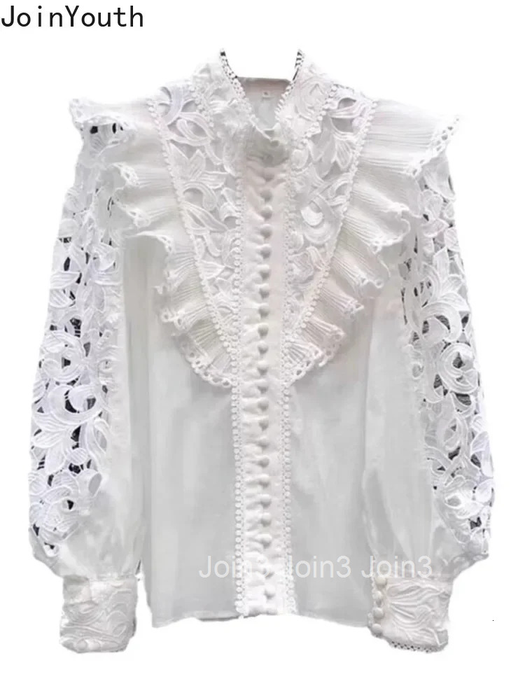 2025 Blusas Mujer De Moda White Blouses for Women Stand Neck Long Sleeve Shirts Hollow Out Embroidery Loose Vintage Blouse Tops