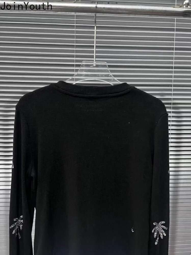 2025 Women Cardigan Patchwork Ruffles Sequin Sueter Mujer O-neck Casual Black Pull Femme Vintage Knitting Korean Sweater Tops