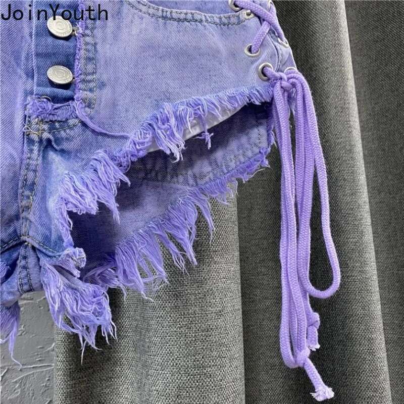Single Breasted Denim Shorts Women 2025 New Bottoms Bandage Chic Tassel Y2k Wide Leg Shorts Summer Pantalones Cortos De Mujer